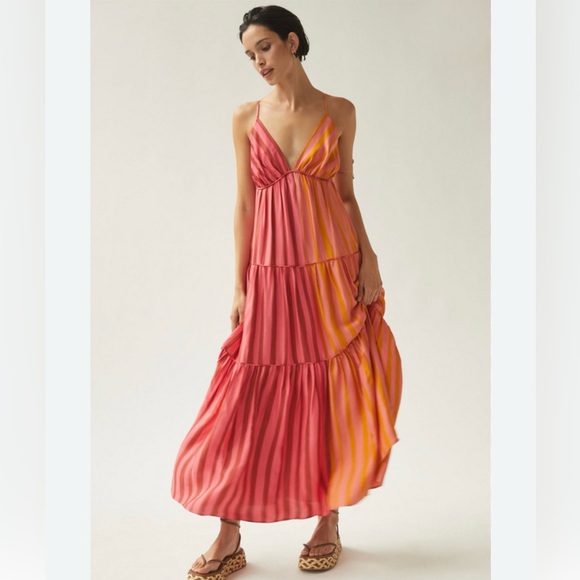 Anthropologie Farm Rio Deep-V Mixed-Stripe Bohemian Maxi Dress Size Medium - Picture 1 of 5
